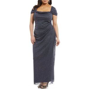 ALEX EVENINGS Cowl Neck Cap Sleeve Glitter Maxi Gown Dress in Dark Gray Cocktail